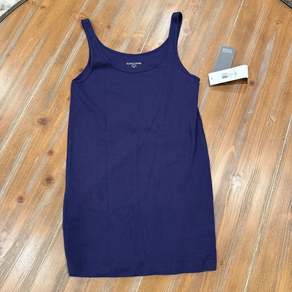 Eileen Fisher Scoop Neck Long Slim Cotton Tank Top Blue Women's Small Petite NWT